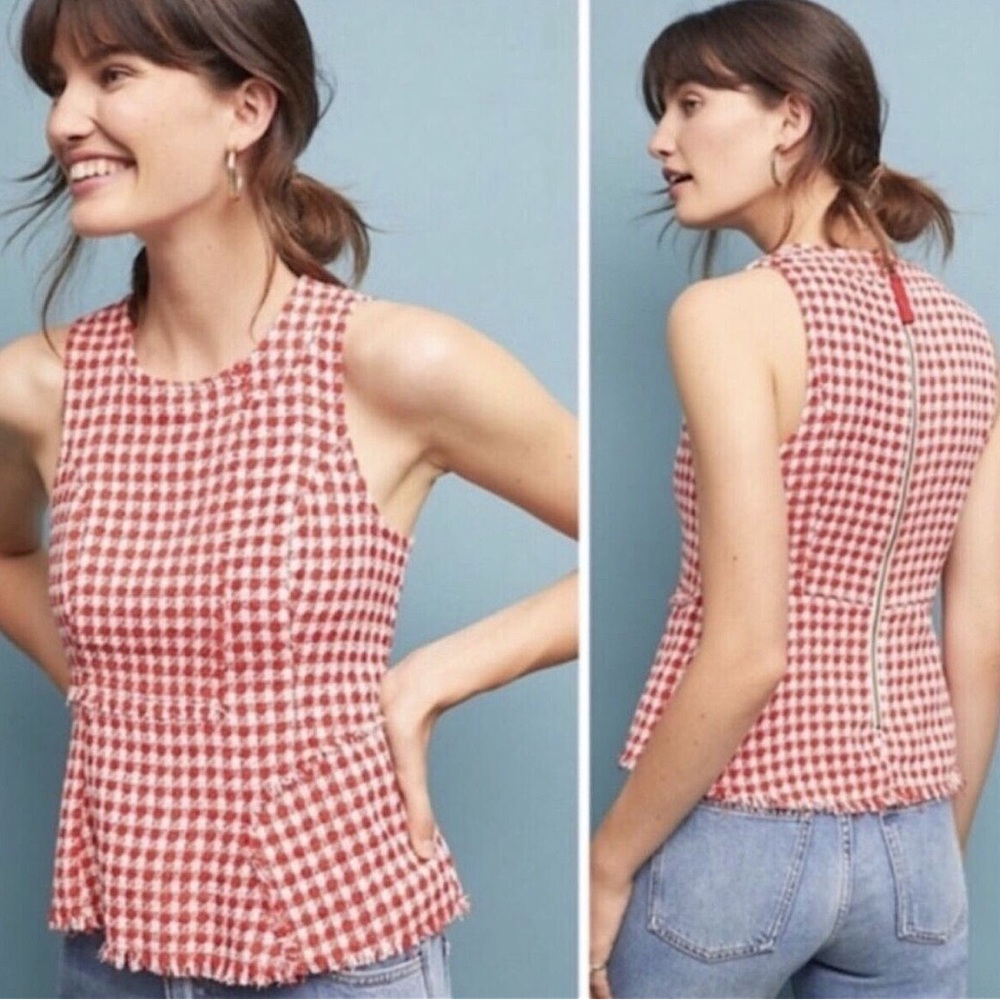 Maeve Red and White Gingham Peplum Sleeveless Top